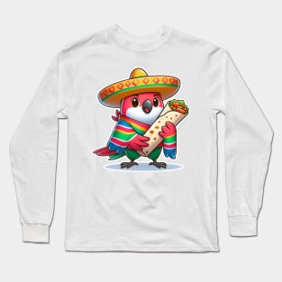 cute love birds are eating Mexican specialties, Tacos, Burritos, Enchiladas, Quesadillas, Guacamole, Fajitas, Chiles Rellenos, Tamales, Mole, Chilaquiles, Long Sleeve T-Shirt